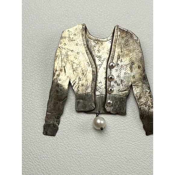 Signed C. Vintage Sterling Silver Brooch Sweater Real Pearls - Picture 4 of 8